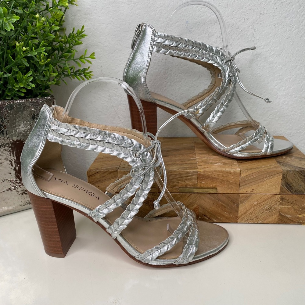 Via Spiga Silver Braided Lace Up Block Heel Sandals Women's 7.5M